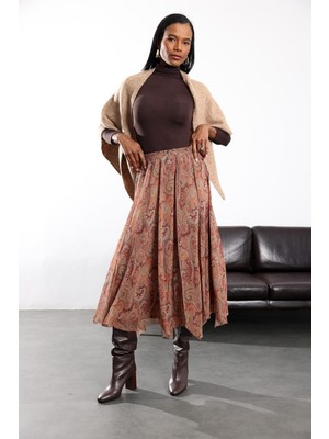 5in1Canpolat Kiremit Şal Desenli Asimetrik Şifon Etek 4076