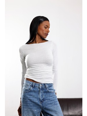 5in1Canpolat Gri Simli Kayık Yaka Transparan Bluz 26274