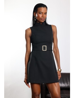 5in1Canpolat Siyah Kemerli Hakim Yaka Elbise 1284