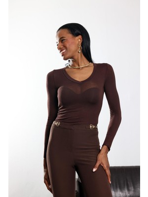 5in1Canpolat Kahverengi V Yaka Transparan Bluz 17374