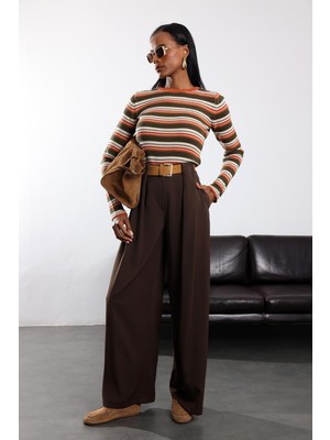 5in1Canpolat Kahverengi Kemerli Palazzo Kumaş Pantolon 3855