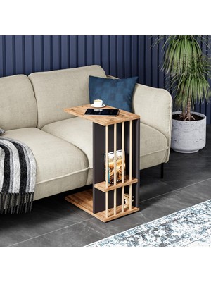 Vento Store Intergo-Tekerlekli Yan Sehpa Koltuk Sehpası C Sehpa Zigon Sehpa Servis Sehpası (Atlantik Çam, Gri)