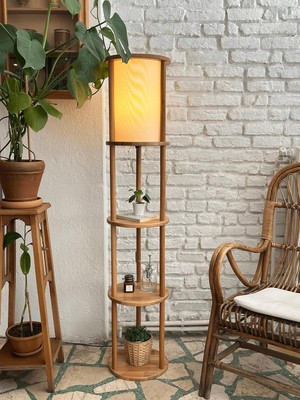 Vento Store Lona Raflı Lambader, 3 Katlı Ahşap Zemin Aydınlatması, Keten Abajurlu Masif Modern Dekoratif Lamba