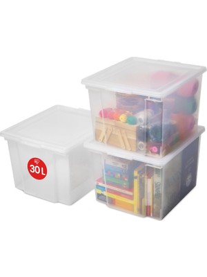 Vento Store Çok Yönlü Saklama Kutuları, 30L, 3'lü Set, Şeffaf, Kolay Mandal, Istiflenebilir, Şeffaf Plastik, Dol
