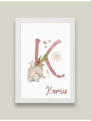 Kidilia K Harfli Bebek Odası Beyaz Duvar Tablosu Kişiye Özel Sevimli Hayvancıklar Tasarımlı 21X30CM