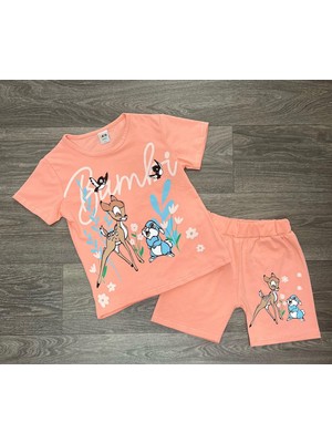 Kısa Kollu Geyik Desenli Pamuk Kız Çocuk Şortlu Alt Üst Takım