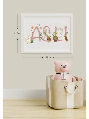 Kidilia Kişiye Özel Isimli Bebek Odası Duvar Tablosu Sevimli Hayvancıklar Tasarımlı Beyaz Çerçeveli 30X21CM