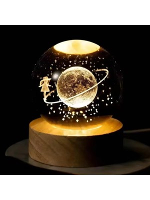 Işıklı Cam Gece Lambası Küre Kristal Renk Değiştiren LED Işıklı Dekoratif Hediyelik Satürn Kızı