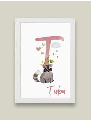 Kidilia T Harfli Bebek Odası Beyaz Duvar Tablosu Kişiye Özel Sevimli Hayvancıklar Tasarımlı 21X30CM