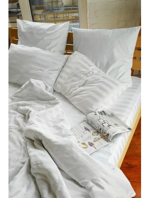 Vento Store Çizgili Çift Kişilik Lastikli Çarşaf Düğmeli Nevresim TAKIM%100 Pamuk 2 Adet Yastık KILIFI,83TEL