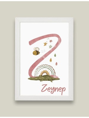Kidilia Z Harfli Bebek Odası Beyaz Duvar Tablosu Kişiye Özel Sevimli Hayvancıklar Tasarımlı 21X30CM