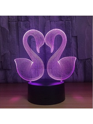 3 Boyutlu Çift Kuğu 3D LED Gece Lambası - 7 Farklı Işık