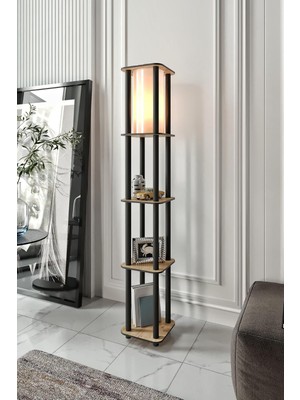 Vento Store Estantes Kare Lambader – Fonksiyonel 3 Raflı Ahşap Gövde, 24X24 cm Kare Taban, 140 cm Yükseklik, E27