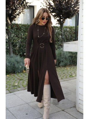 Yeşil Sarmaşık Kadın Uzun Kollu Bisiklet Yaka Önden Halka Detaylı Yırtmaçlı Uzun Viskon Iki Iplik Elbise