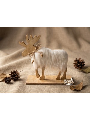 Dekoratif Ahşap & Beyaz Kürklü Geyik Biblosu