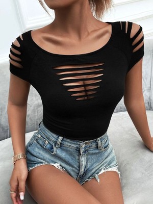 Yeşil Sarmaşık Kadın Kısa Kollu Omuz ve Göğüs Kesik Detay Viskon Bluz