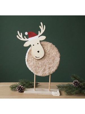 Sevimli Ahşap & Peluş Yılbaşı Geyiği Figürü - Noel Şapkalı Dekor