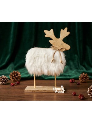 Zarif Ahşap & Beyaz Peluş Yılbaşı Geyiği