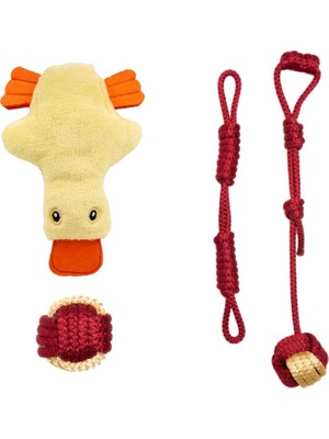 Vento Store Dörtlü Set Köpek Oyuncağı Sesli Çekiştirmeli Peluş Ip Oyuncak Köpek Oyun Topu (Kırmızı)