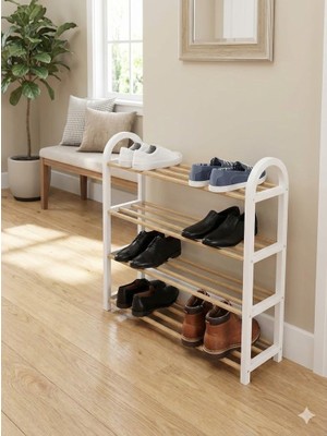 abnturk Modern Hatlara Sahip Fonksiyonel Tasarım Beyaz ve Ahşabın Mükemmel Uyumu 4 Katlı Geniş Kapasiteli Ayakkabı Düzenleyici Dar Alanlar Için Ideal Depolama Çözümü 64X50X18