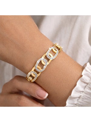 Yush Aksesuar Geçmeli Kordon Taş Detaylı Çelik Kelepçe Bileklik