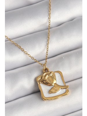 Shopwave 316L Çelik Gold Renk Zincir Beyaz Mineli Gül Portre Model Kadın Kolye