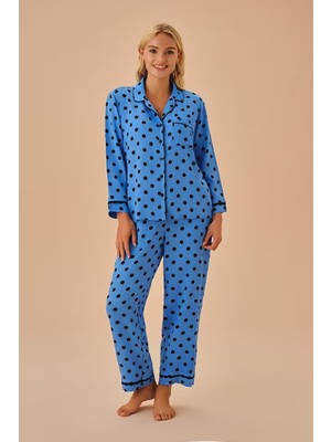 Dream Fashion Mavi Desenli Blue Gömlek Yaka Pijama Takımı