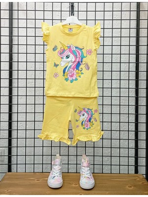 Kısa Kollu Boynuzlu At Desenli Pamuk Kız Çocuk Şortlu Alt Üst Takım