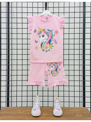 Kısa Kollu Boynuzlu At Desenli Pamuk Kız Çocuk Şortlu Alt Üst Takım