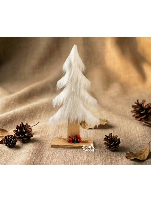Dekoratif Beyaz Peluş & Doğal Ahşap Yılbaşı Ağacı (35 Cm) - Rustik Kış Dekoru