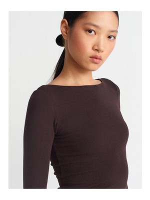 Kadın Acı Kahve Kayık Yaka Uzun Kol Body