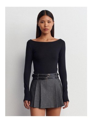 Kadın Siyah Kayık Yaka Uzun Kol Body