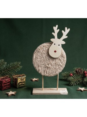 Kırmızı Burunlu Ahşap & Peluş Yılbaşı Geyiği - Modern Masaüstü Dekoru