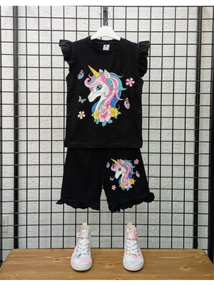 Kısa Kollu Boynuzlu At Desenli Pamuk Kız Çocuk Şortlu Alt Üst Takım