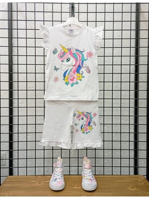 Kısa Kollu Boynuzlu At Desenli Pamuk Kız Çocuk Şortlu Alt Üst Takım