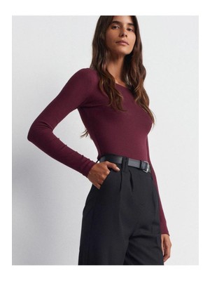 Kadın Bordo Kayık Yaka Uzun Kol Body