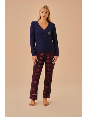 Dream Fashion Lacivert Ekose Hailey Kadın Pijama Takımı