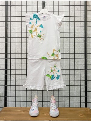 Kısa Kollu Çiçek Desenli Pamuk Kız Çocuk Şortlu Alt Üst Takım