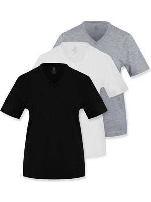 Septemmart (3 Renk 3'lü Paket) %100 Pamuklu V Yaka Slim Fit Basic Kadın T-Shirt