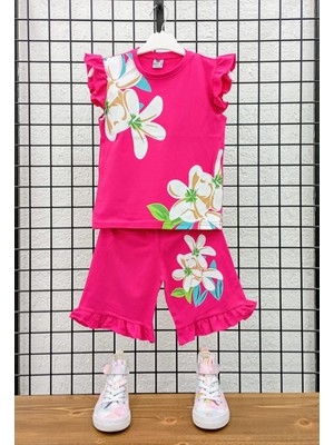 Kısa Kollu Çiçek Desenli Pamuk Kız Çocuk Şortlu Alt Üst Takım