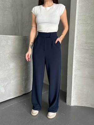 Kadın Lacivert Cırt Kapama Palazzo Pantolon