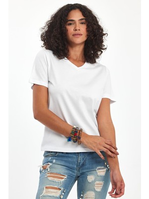 Septemmart %100 Pamuklu V Yaka Slim Fit Basic Kadın T-Shirt