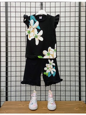 Kısa Kollu Çiçek Desenli Pamuk Kız Çocuk Şortlu Alt Üst Takım