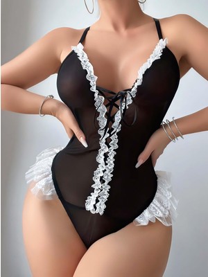 İlkyaz Fashion Arias Closet Siyah Dantel Işlemeli Sırt Dekolteli Fantezi Body
