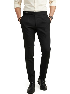 Deepsea Erkek Siyah Likralı Italyan Kesim Pileli Kemer Tokalı Şık Kumaş Pantolon 2601020