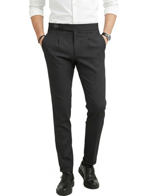 Deepsea Erkek Füme Likralı Italyan Kesim Pileli Kemer Tokalı Şık Kumaş Pantolon 2601020