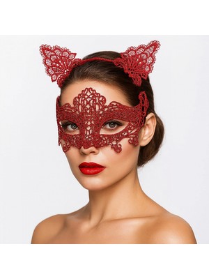 Marsilyan Romantik Kırmızı Dantel Maske Seti – Kedi Kulaklı Taç ve Maske No 3