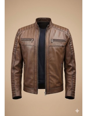 VERRA Hakiki Deri Kahverengi Eskitme Biker Erkek Mont - Kapitoneli Slim Fit Deri Ceket