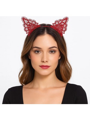 Marsilyan Dantelli Kırmızı Kedi Tacı - Vintage Tarz Dantel Kedi Kulak