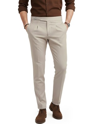 Deepsea Erkek Bej Likralı Italyan Kesim Pileli Kemer Tokalı Şık Kumaş Pantolon 2601020